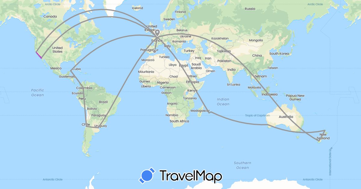 TravelMap itinerary: driving, plane, train in Argentina, Australia, Chile, Colombia, Spain, France, Mauritius, Mexico, New Zealand, United States (Africa, Europe, North America, Oceania, South America)